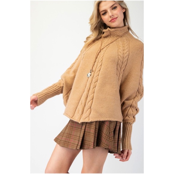 Easel Tan Mock knit Chunky Cable Knit Dolman Sweater Top - Picture 2 of 5